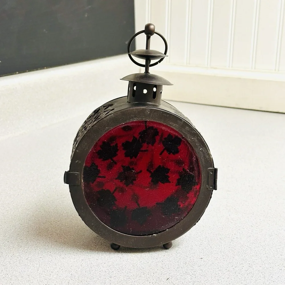 Artisan Round Glass Metal Candle Holder Lantern Table or Hanging Outside